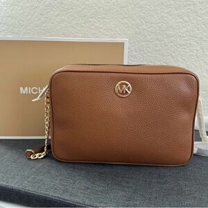 Michael Kors Brown Leather Crossbody with Gold Chain